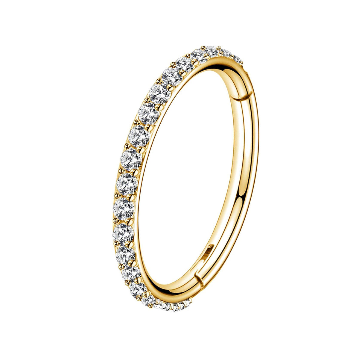 Gold ring with embedded diamonds on a white background