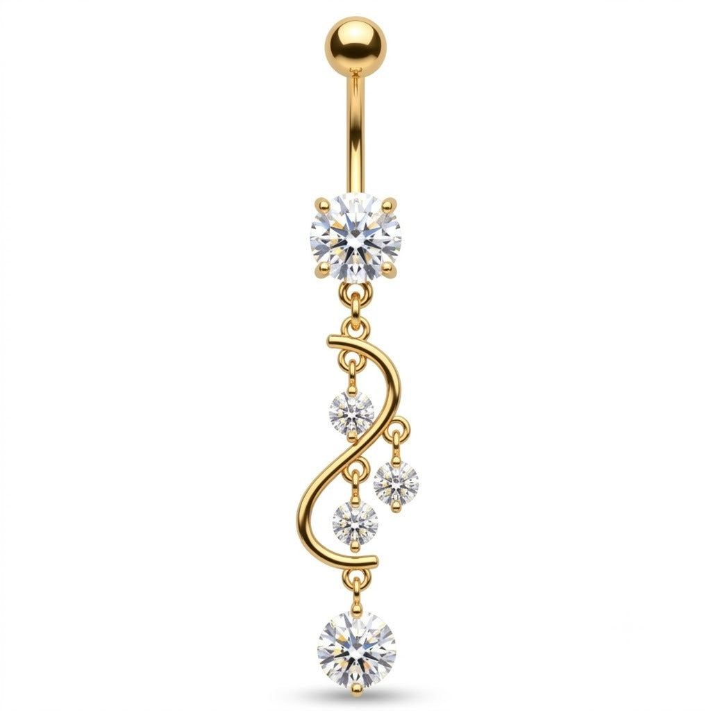 A gold-plated belly button ring featuring a vertical drop design with a central infinity symbol, four clear round-cut gemstones, and a top ball stud, shown on a plain white background.