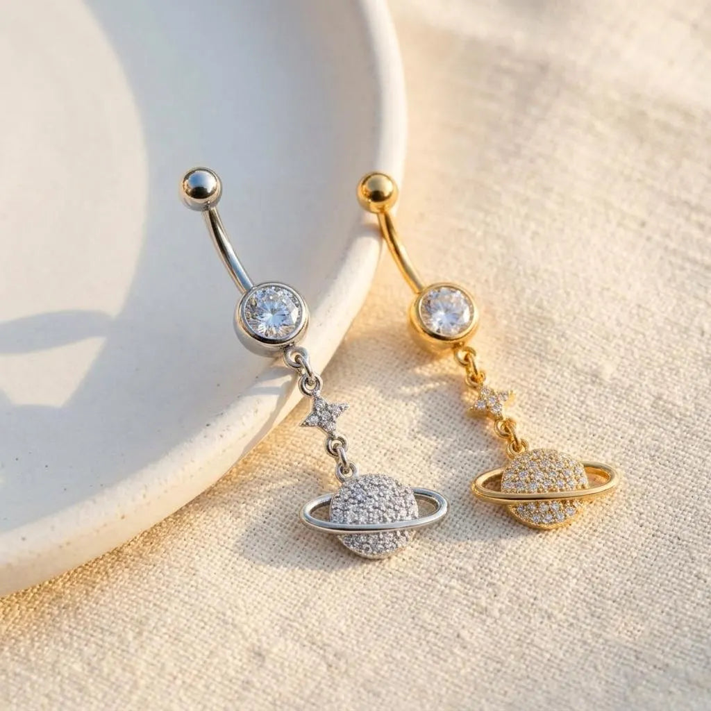 Gold Surgical Steel Crystal Saturn with Star Belly Button Piercing