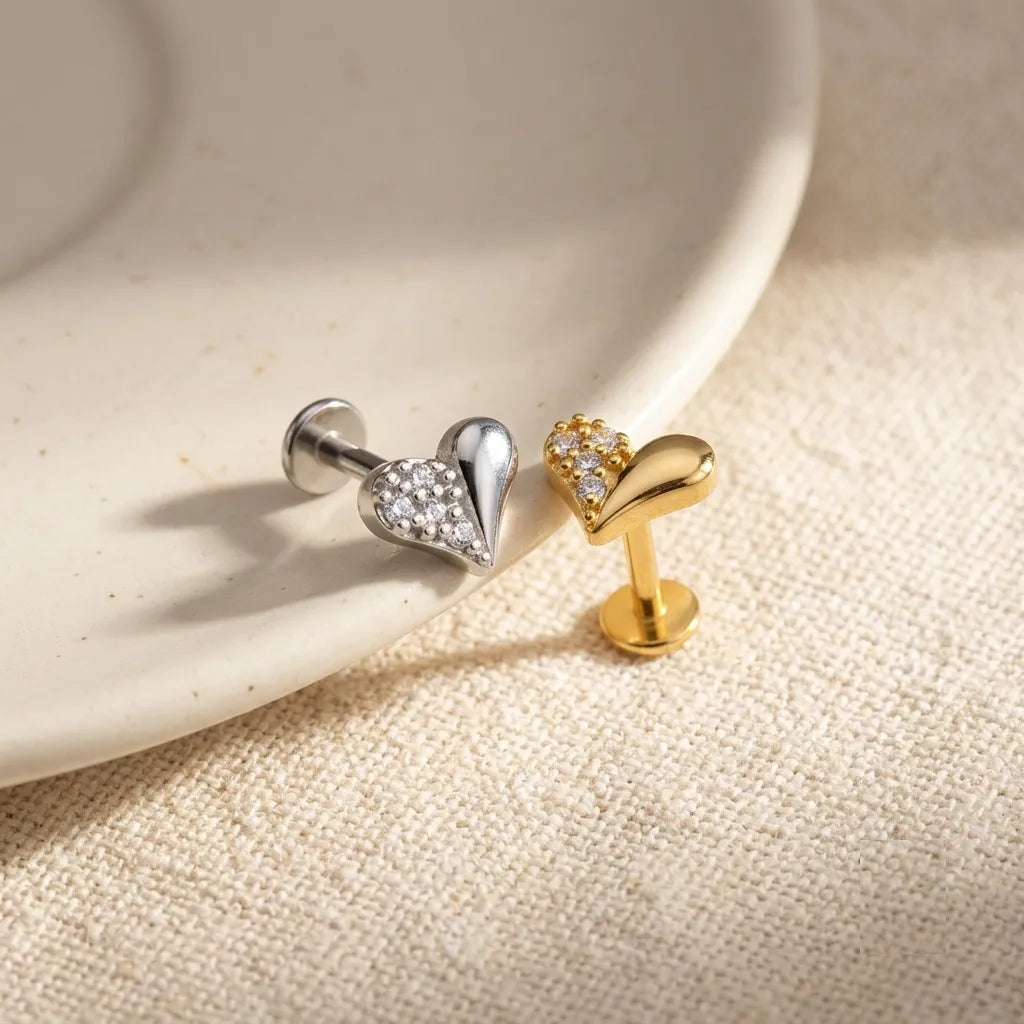 Crystal Heart Labret Stud | 316L Surgical Steel Flat Back Piercing
