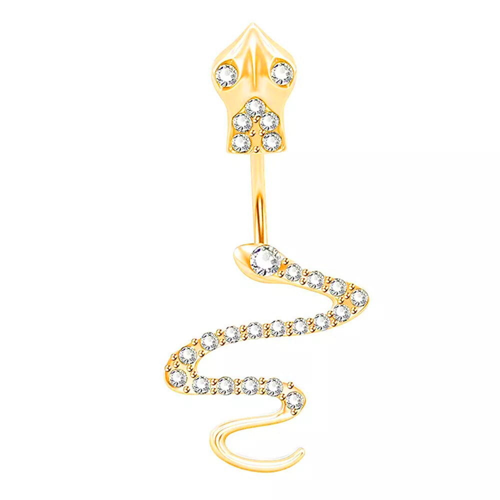 A gold-plated surgical steel belly button ring with a cubic zirconia snake design.