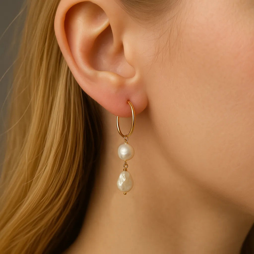 Vent Saphir Oval Double Pearl Drop Earrings
