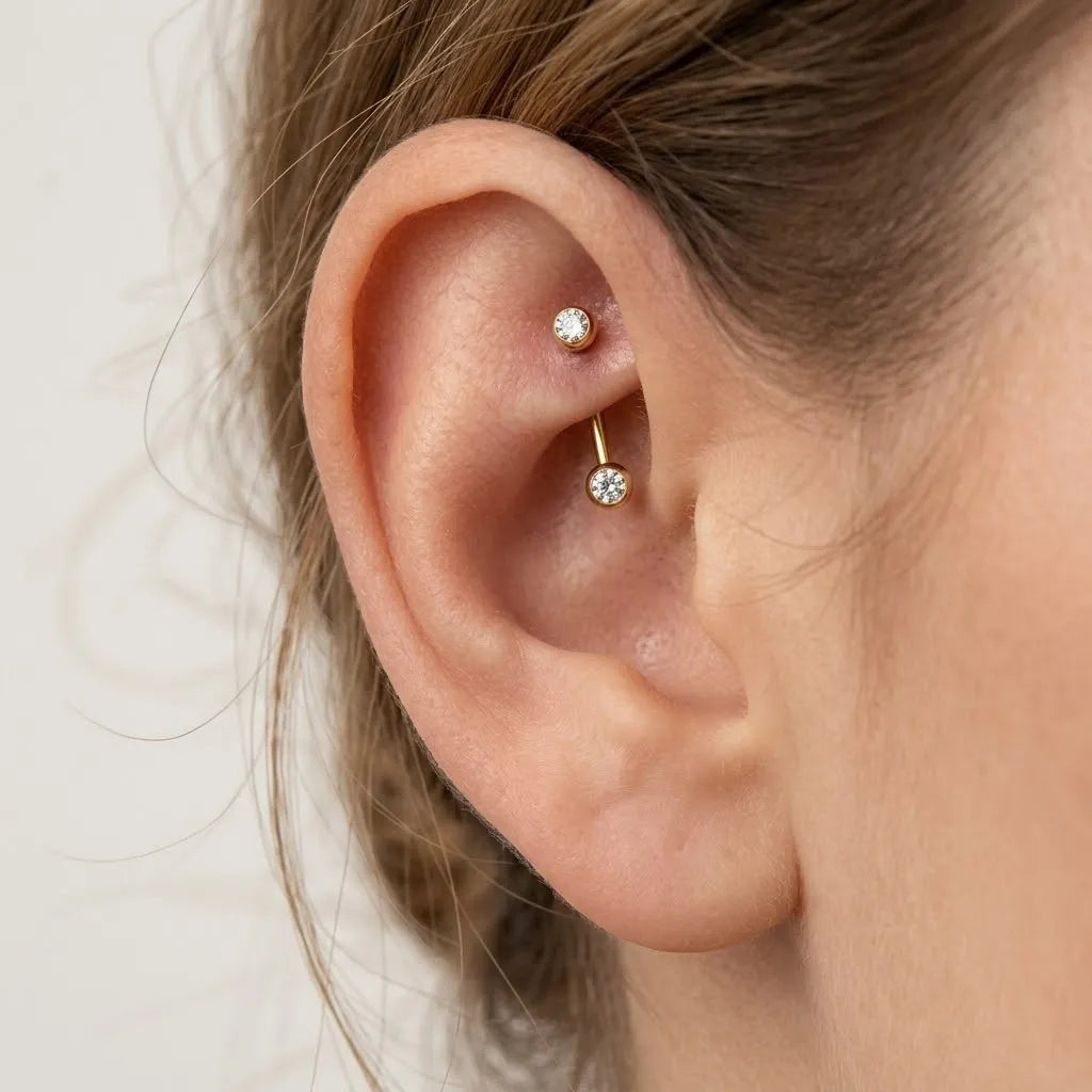 Prong Set Double CZ Rook Piercing Curved Barbell