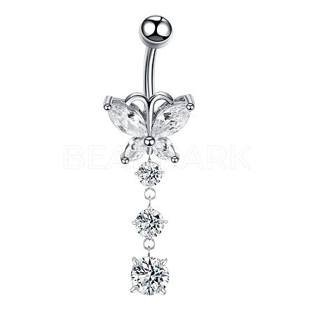 Butterfly-shaped belly button ring with dangling crystals on a white background