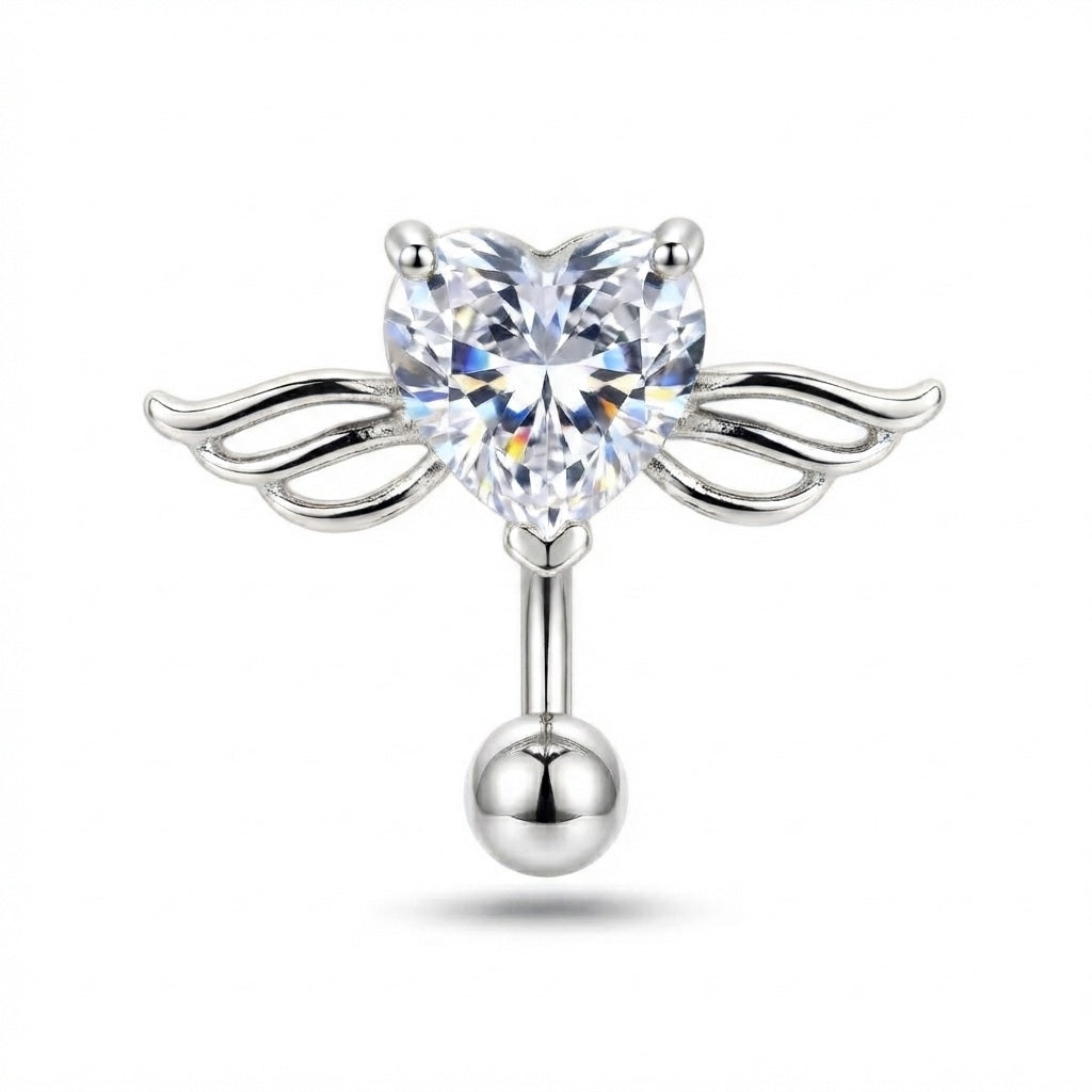 Silver Surgical Steel Crystal Winged Heart Belly Button Piercing
