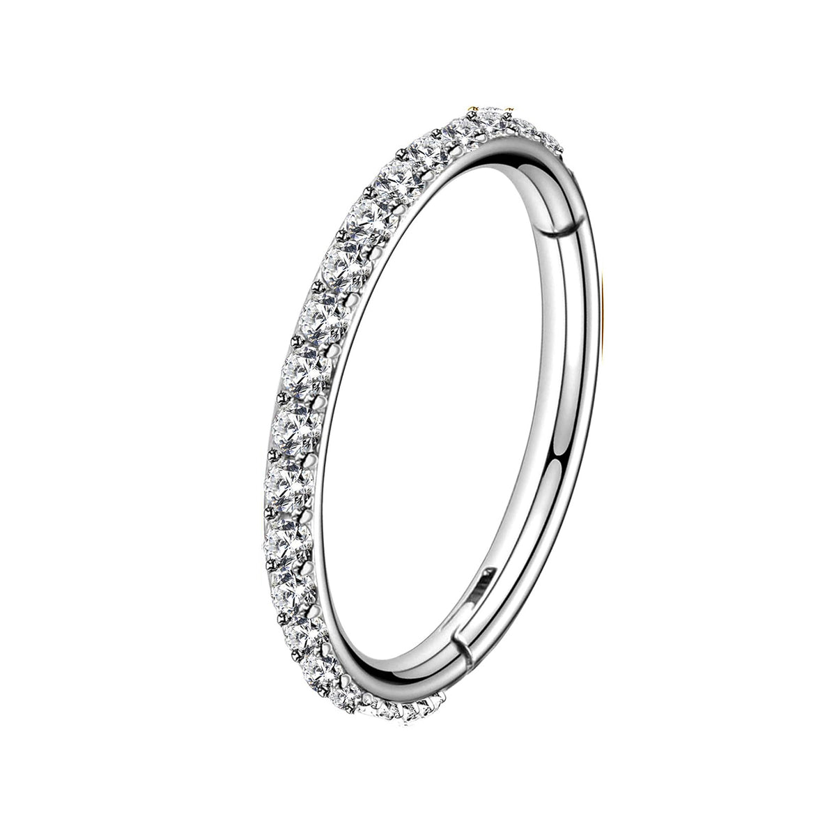 Silver ring with small diamonds on a white background