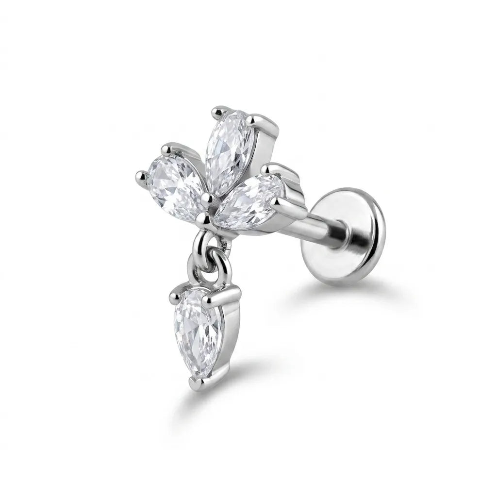 A silver-toned butterfly stud earring featuring three marquise-cut clear gemstones in a wing pattern with a dangling pear-shaped clear gemstone, shown on a white background.