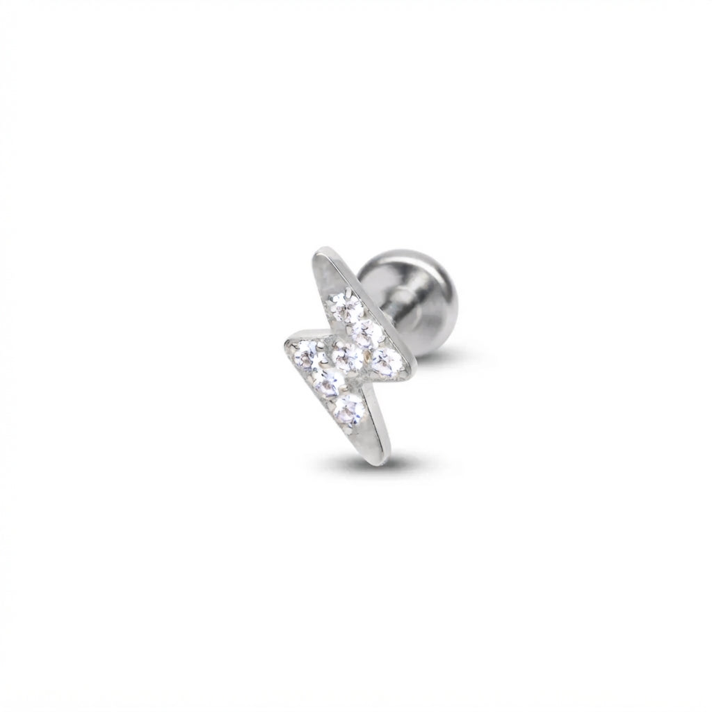 A silver lightning bolt stud earring with clear cubic zirconia stones, shown on a plain white background.
