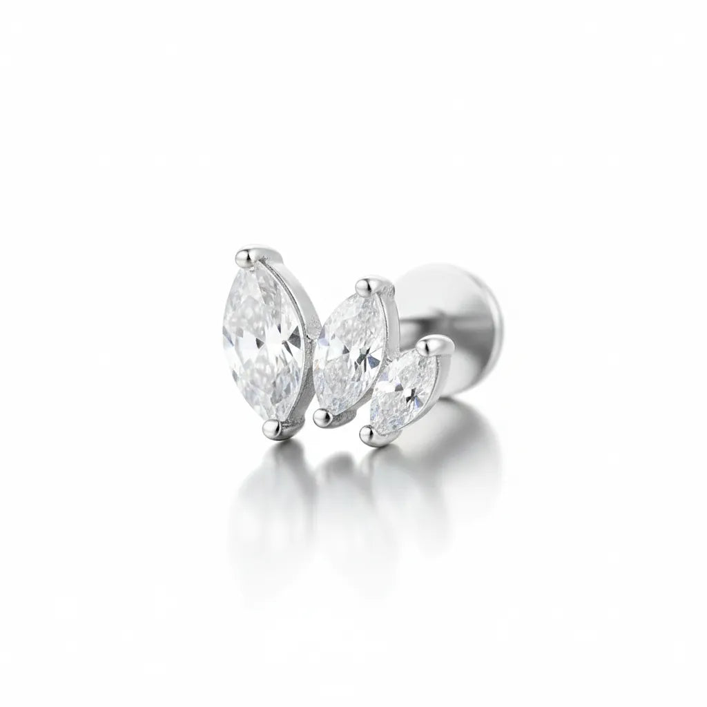 silver Marquise labret stud with clear gemstones on a white background