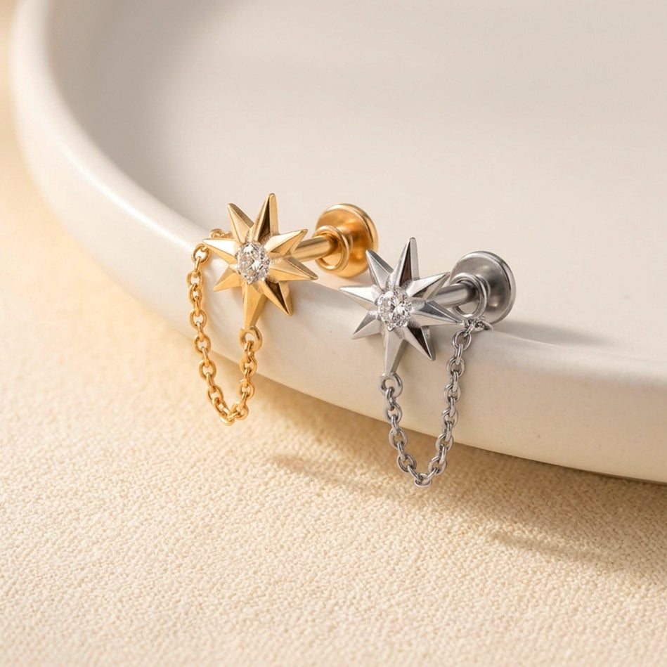 North Star Chain CZ Tragus Piercing | Crystal Flat Back Labret Stud
