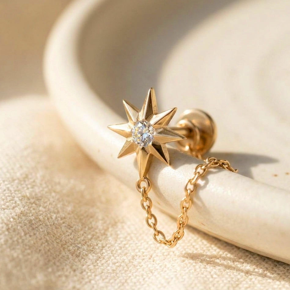 North Star Chain CZ Tragus Piercing | Crystal Flat Back Labret Stud