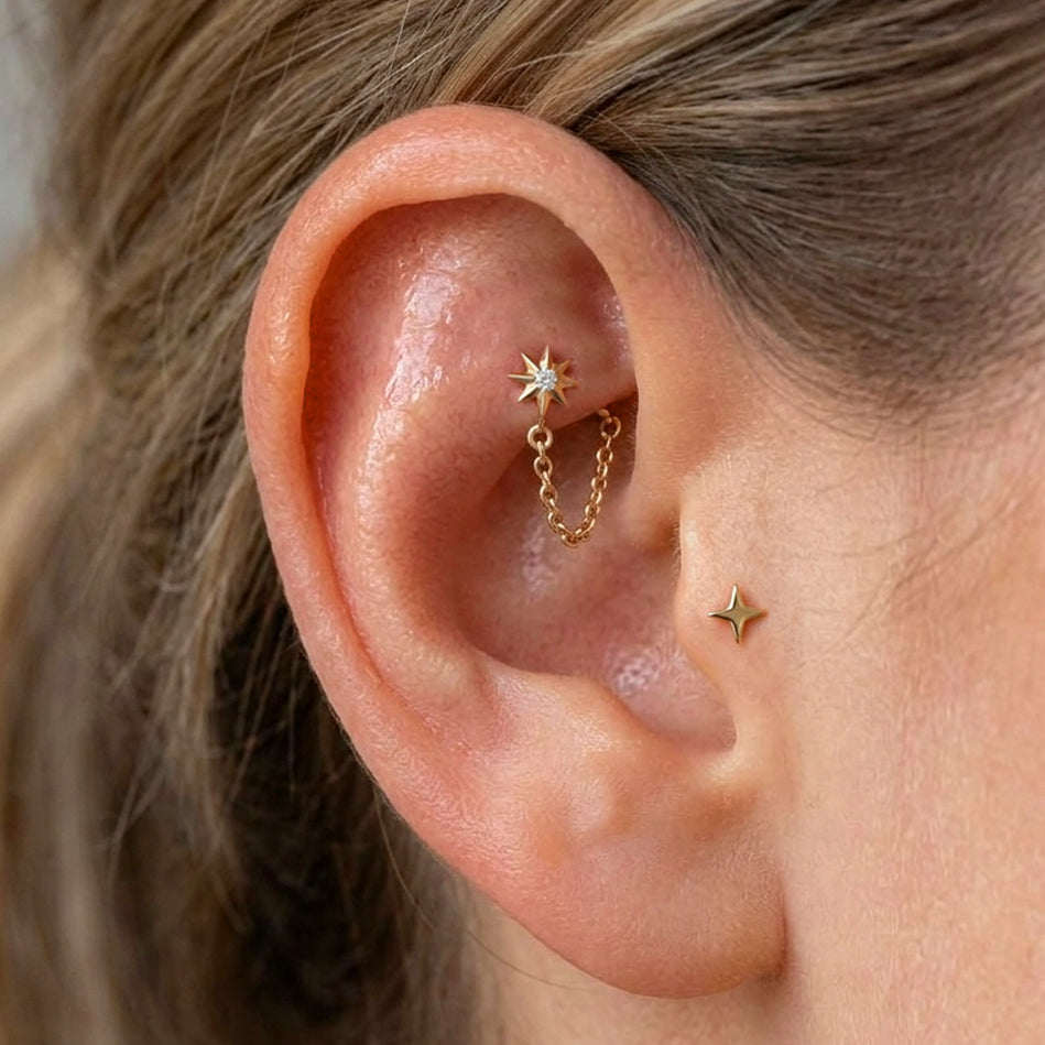 North Star Chain CZ Tragus Piercing | Crystal Flat Back Labret Stud
