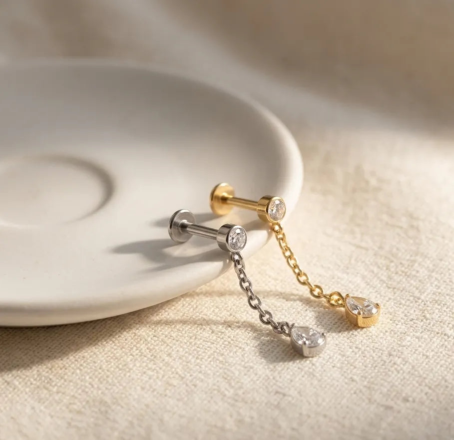 Teardrop Dangle Chain Titanium Flat Back Stud