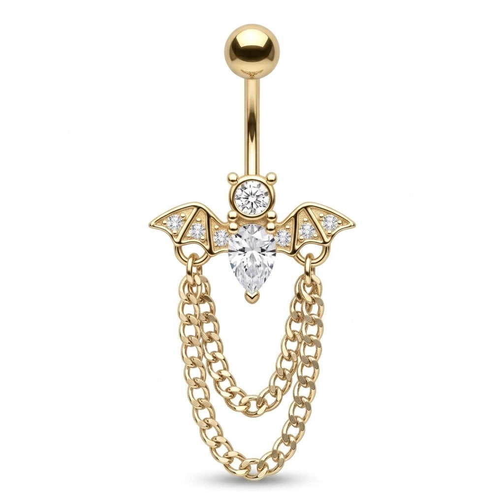 Gold-plated belly button ring featuring a bat motif with clear gemstones and two dangling chain loops, shown on a plain white background.