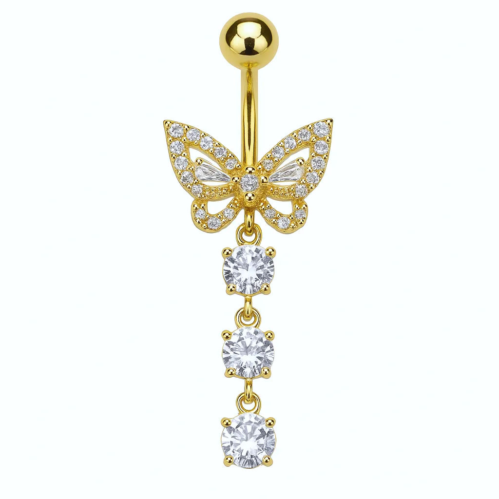 FIBO STEEL 14K Gold Plated Clicker Belly Button Rings - CZ Snake Flower Dangle Curved Navel Bars 14G Hypoallergenic Surgical Steel
