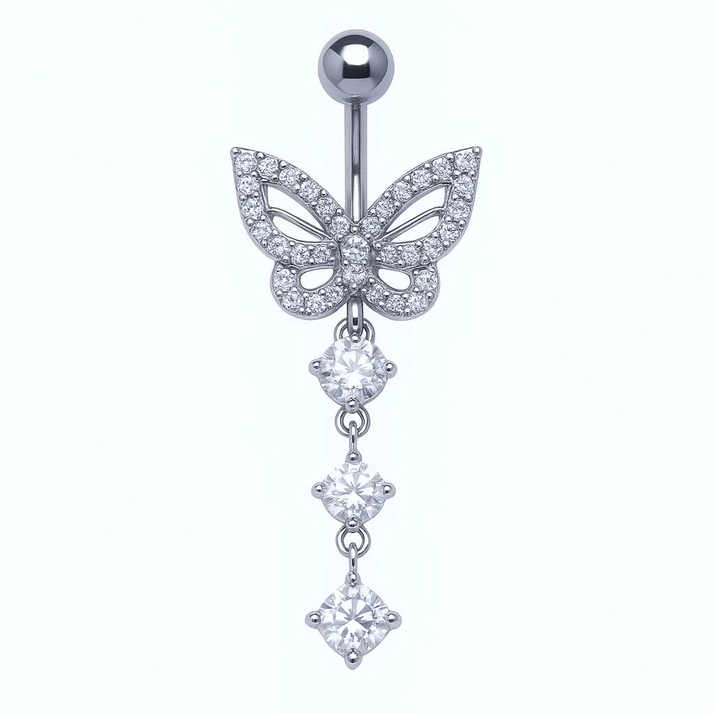 Silver Surgical Steel Diamond Butterfly Belly Piercing