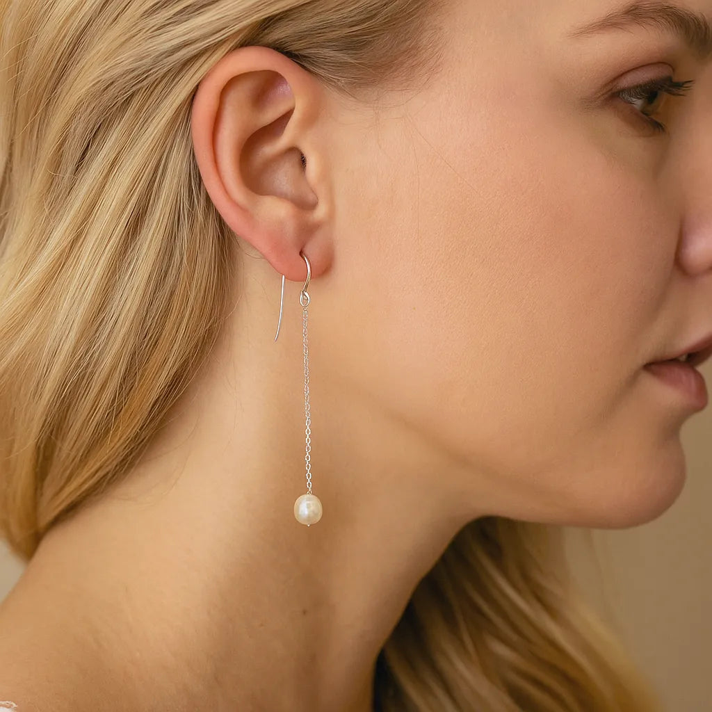 Lys Serein Silver Long Pearl Hook Drop Earrings