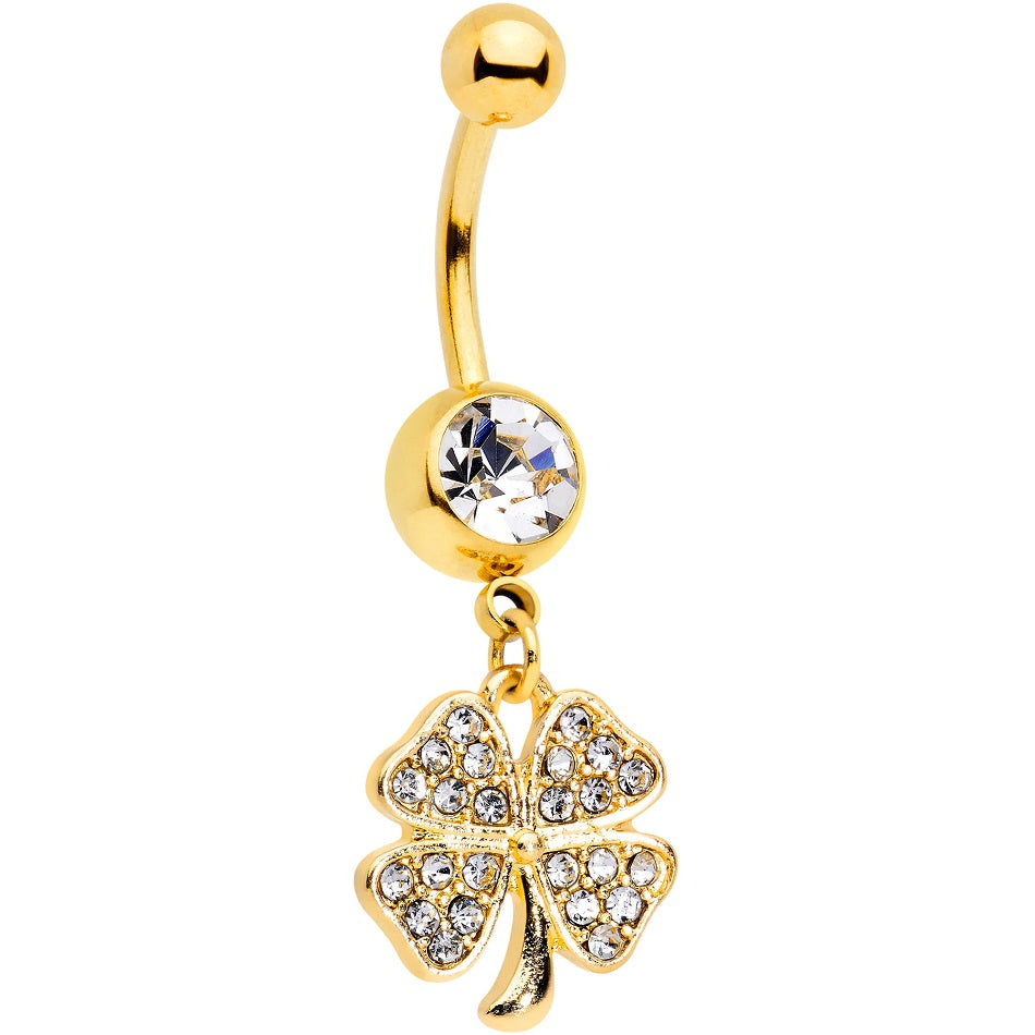 Gold Plated Surgical Steel Cubic Zirconia Clover Belly Bar