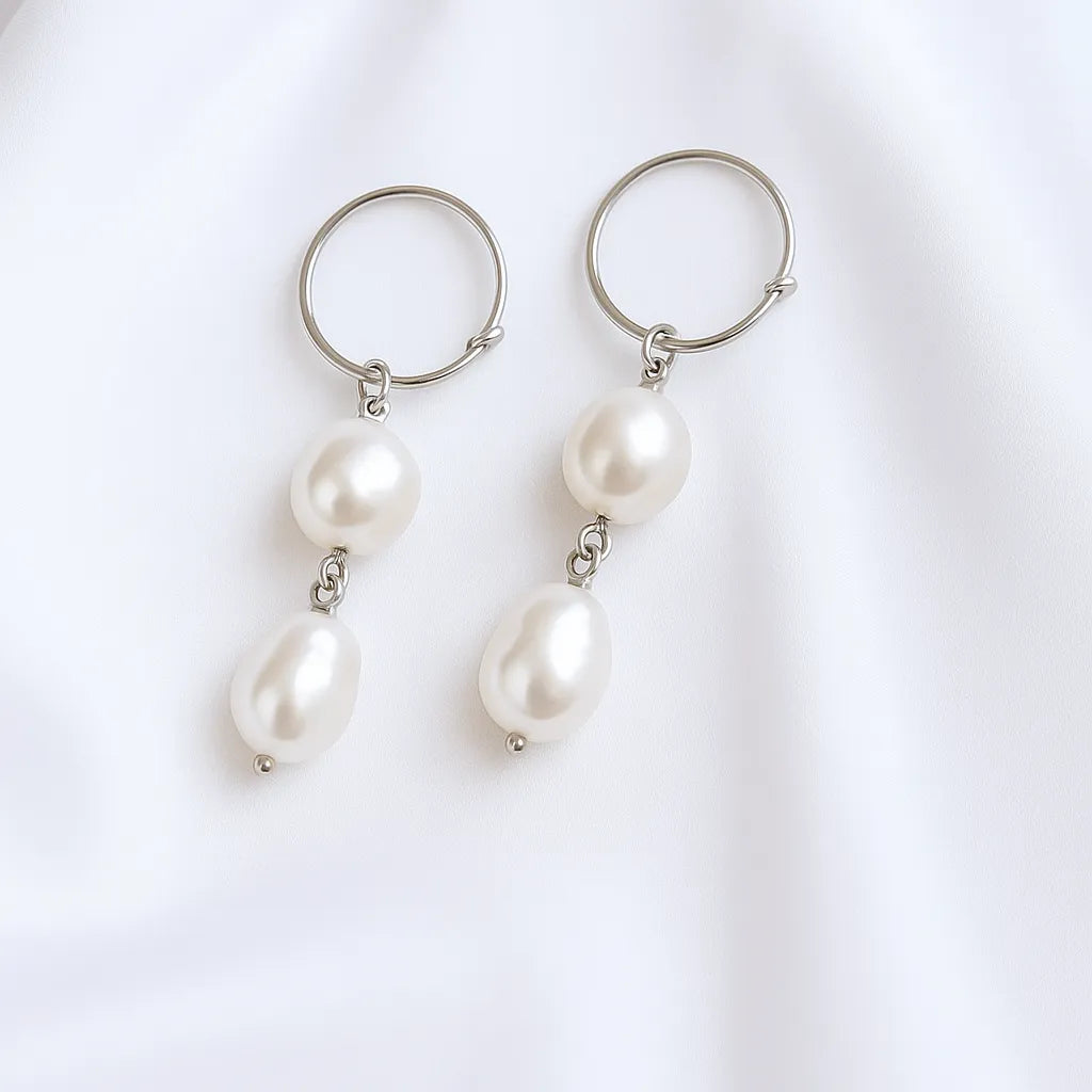 Vent Saphir Silver Oval Double Pearl Drop Earrings