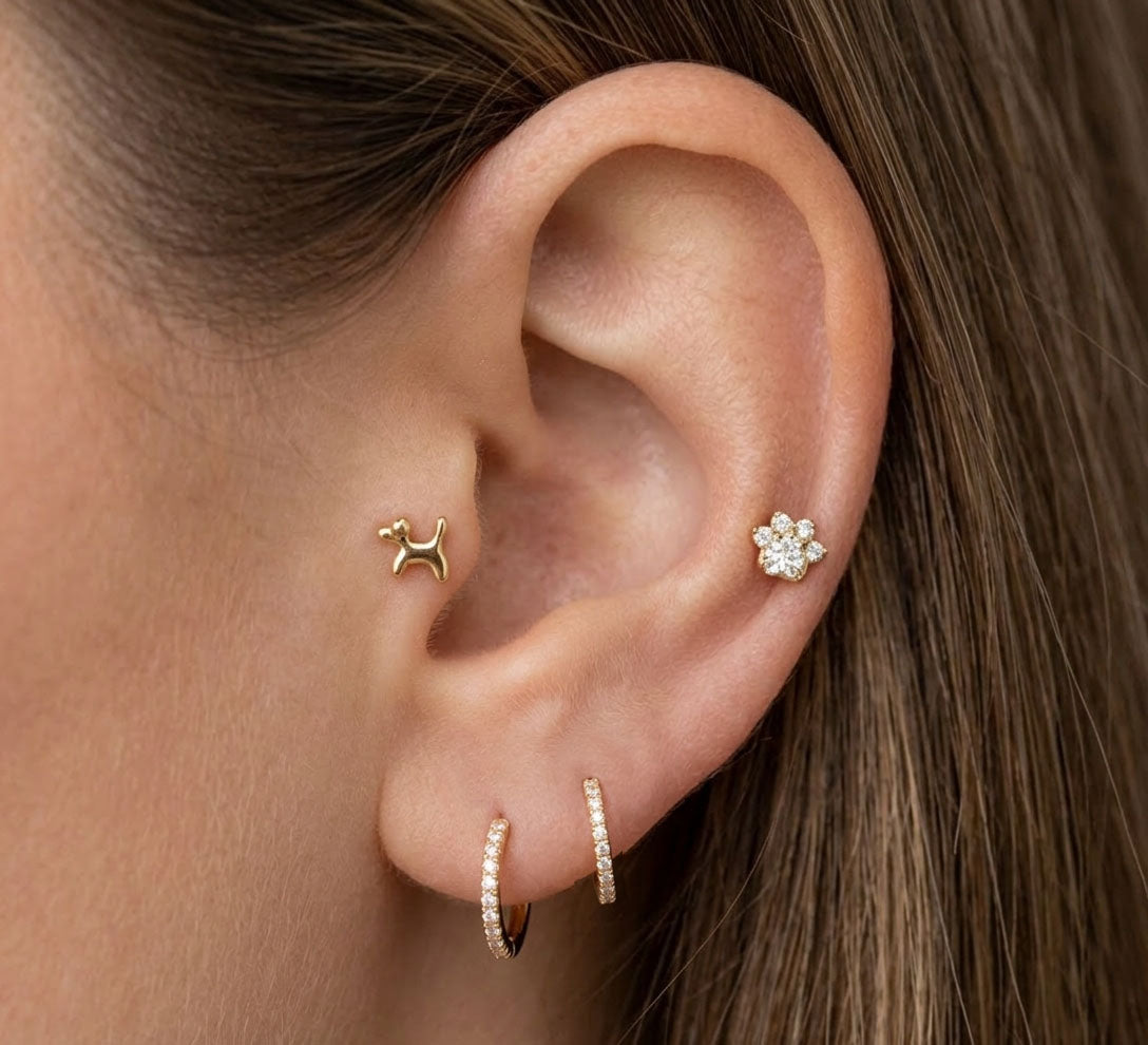Close-up of an ear wearing gold and diamond earrings with a blurred background