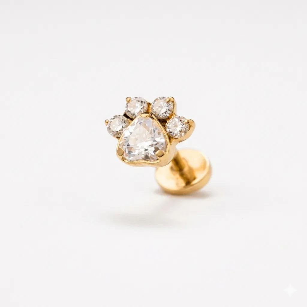 Gold dog paw tragus piercing on a white background