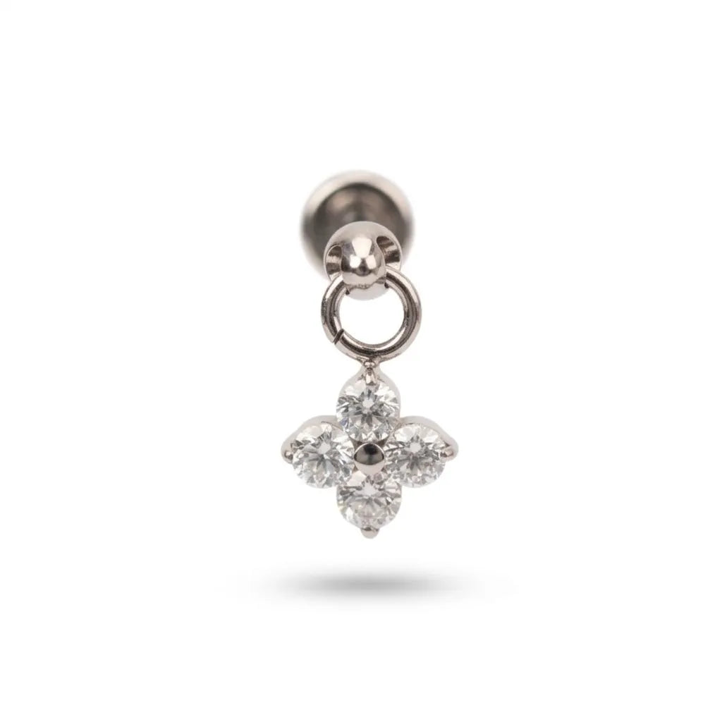 G23 titanium silver ball-back labret stud with four-petal CZ flower dangle charm