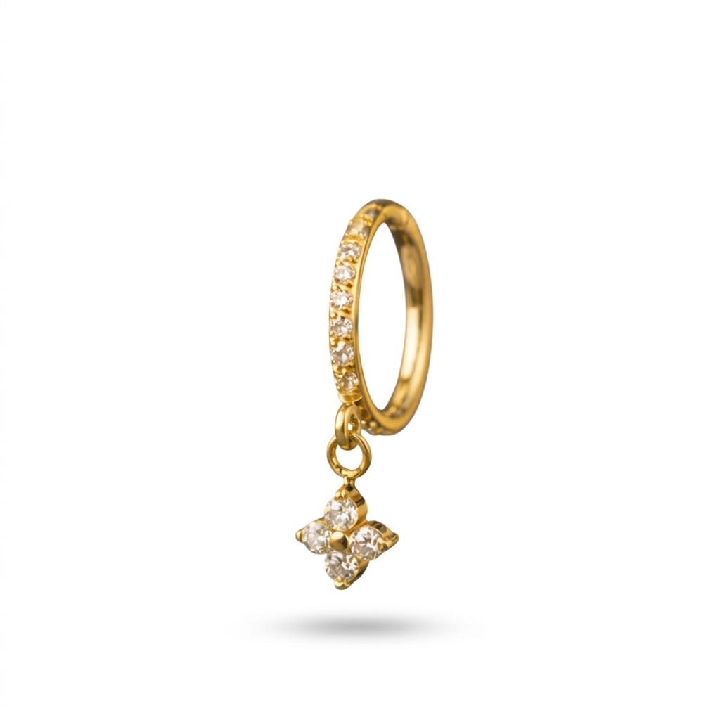 G23 titanium gold pavé hoop piercing ring with four-petal CZ flower charm, 8mm 1.2mm gauge