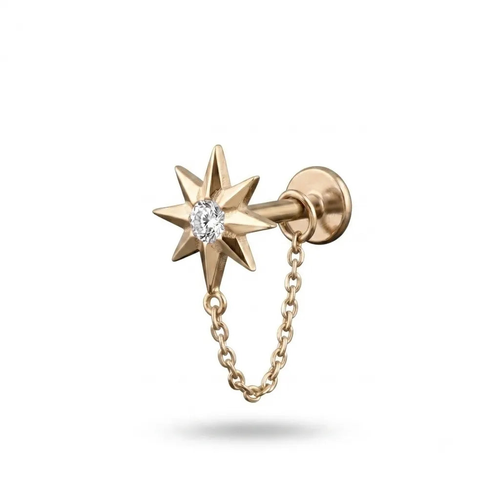 North Star Chain CZ Tragus Piercing | Crystal Flat Back Labret Stud