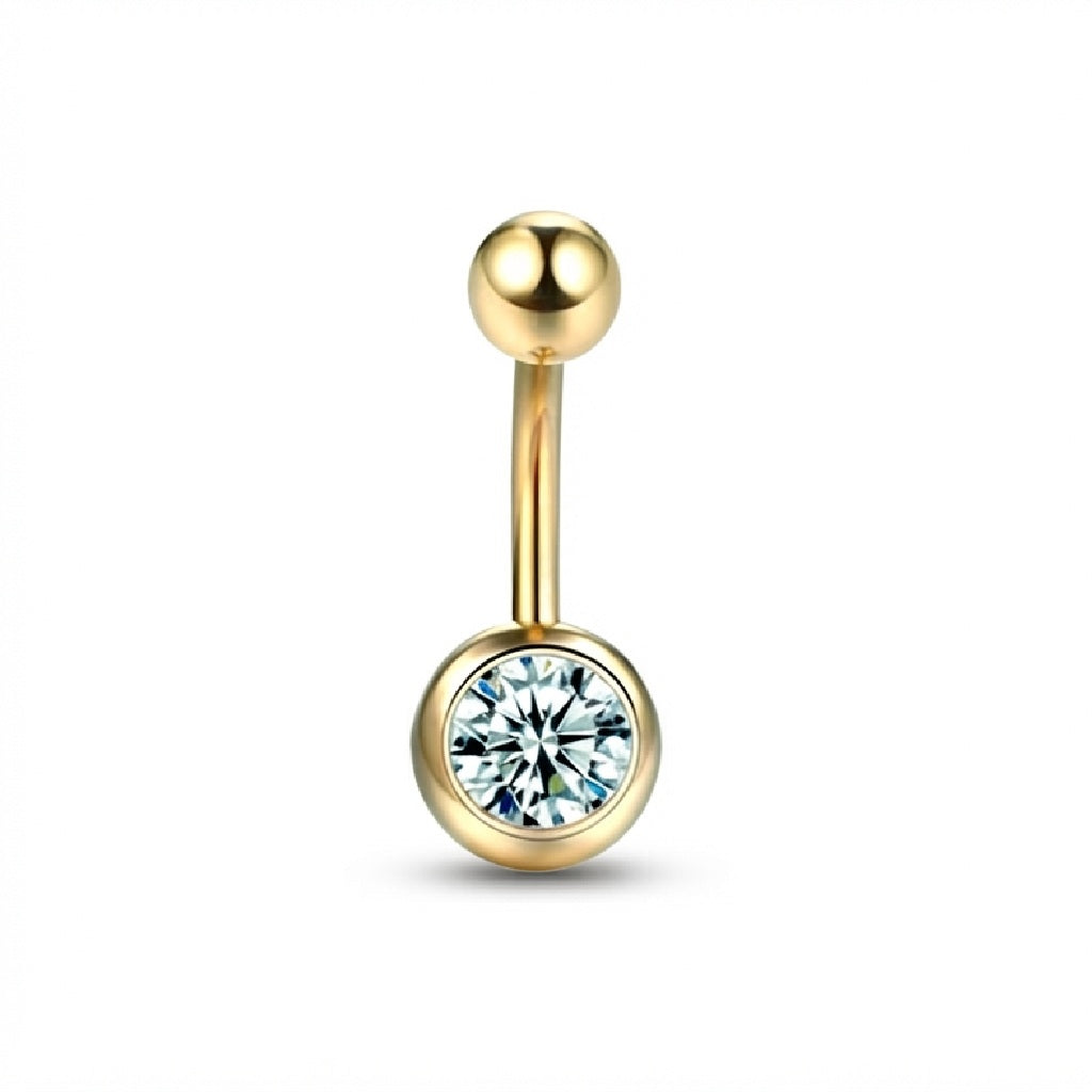 A gold-plated curved barbell belly button piercing stud with a round bezel-set clear gemstone on the end, shown against a plain white background.