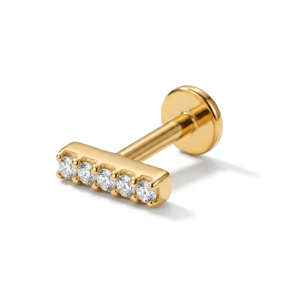 Gold CZ bar flat back labret stud tragus piercing 8mm