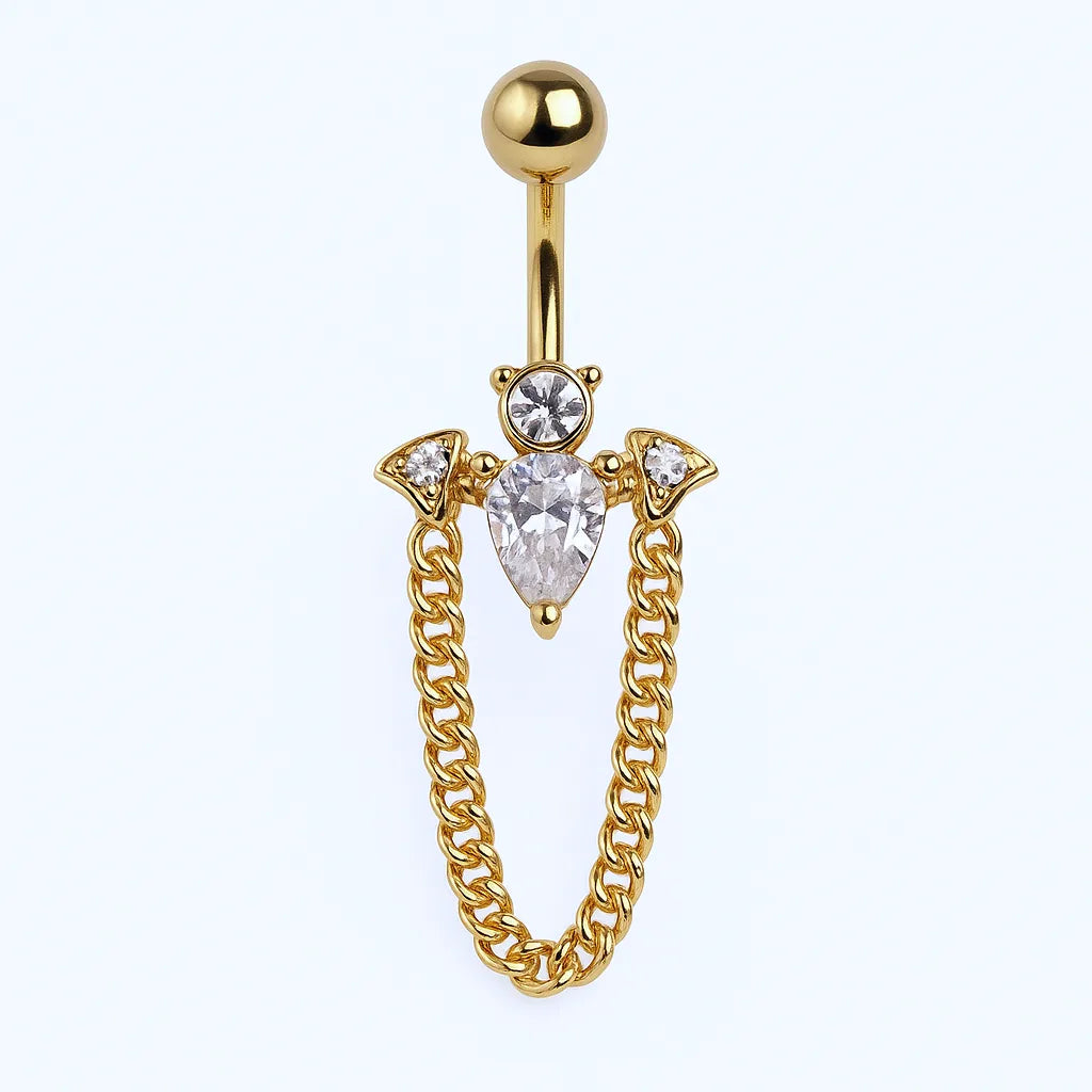 Gold Surgical Steel Crystal Bat Belly Piercing with Chain