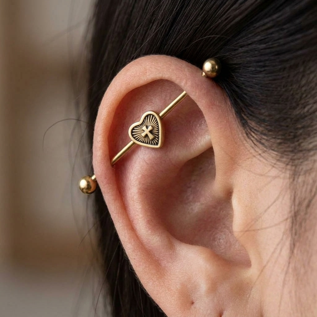 Heart Cross Industrial Bar | 316L Surgical Steel Bridge Piercing