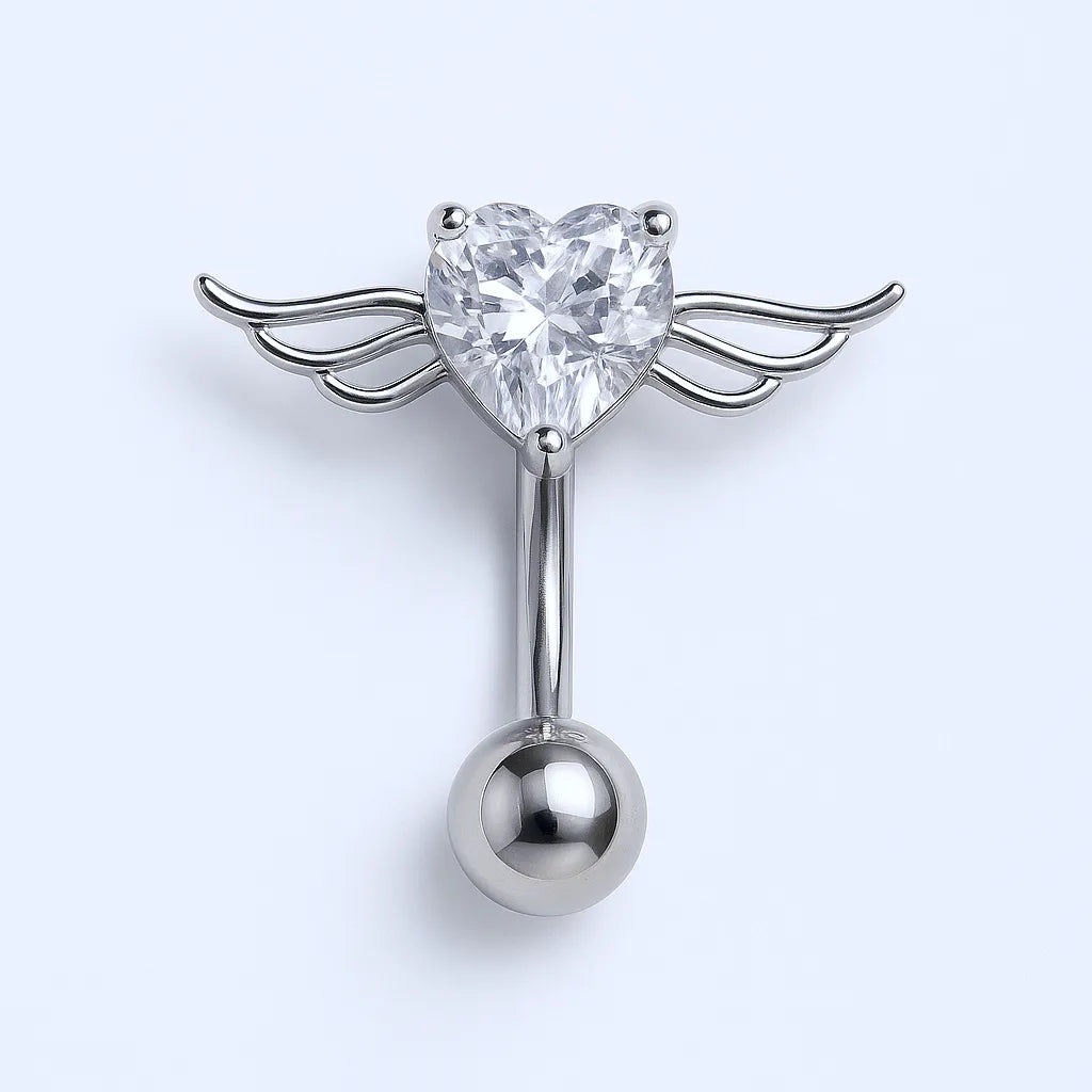 Silver Surgical Steel Crystal Winged Heart Belly Button Piercing