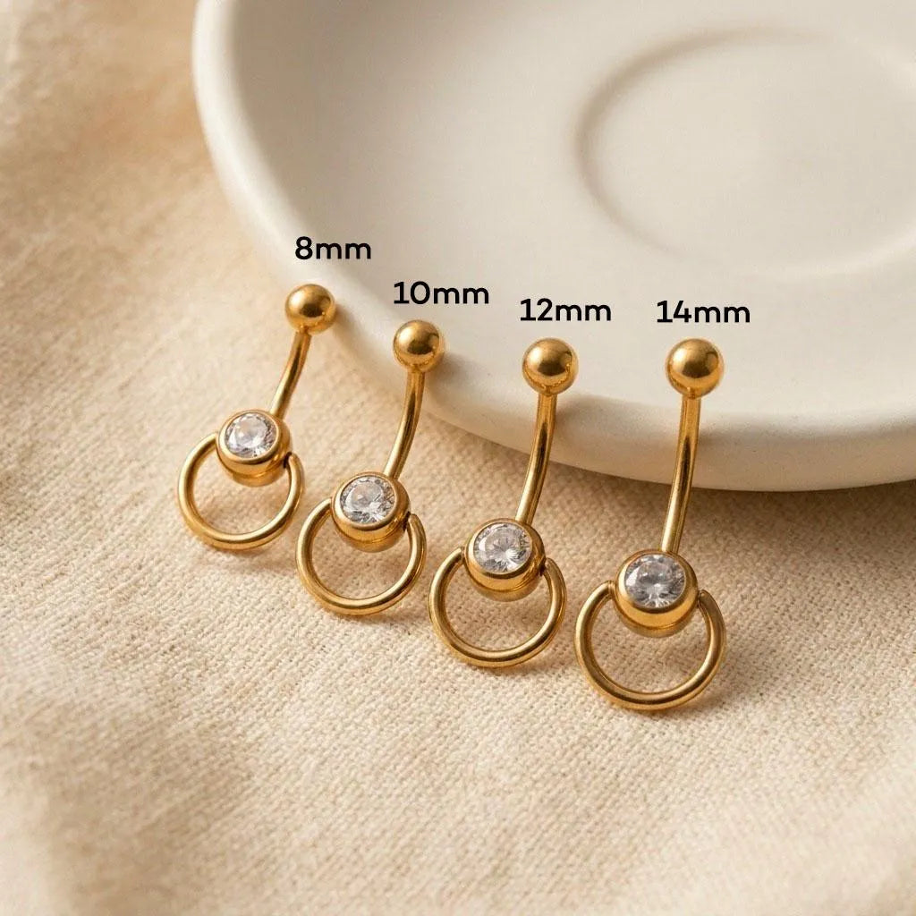 Round Crystal Belly Button Ring | 14G Gold & Silver Belly Bar | 8mm - 14mm