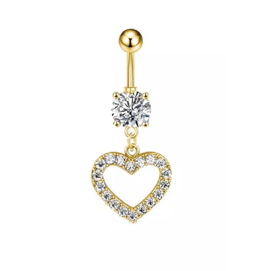 Gold Plated Surgical Steel Cubic Zirconia Heart Belly Bar