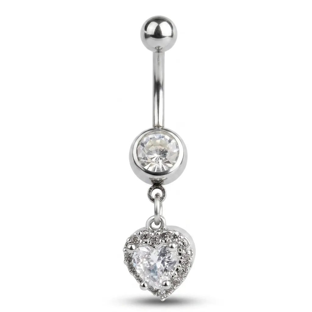 Silver belly button ring with heart-shaped pendant on a white background