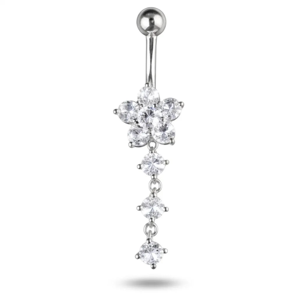 Silver surgical steel navel piercing with a clear crystal blossom and cascading jewel droplets