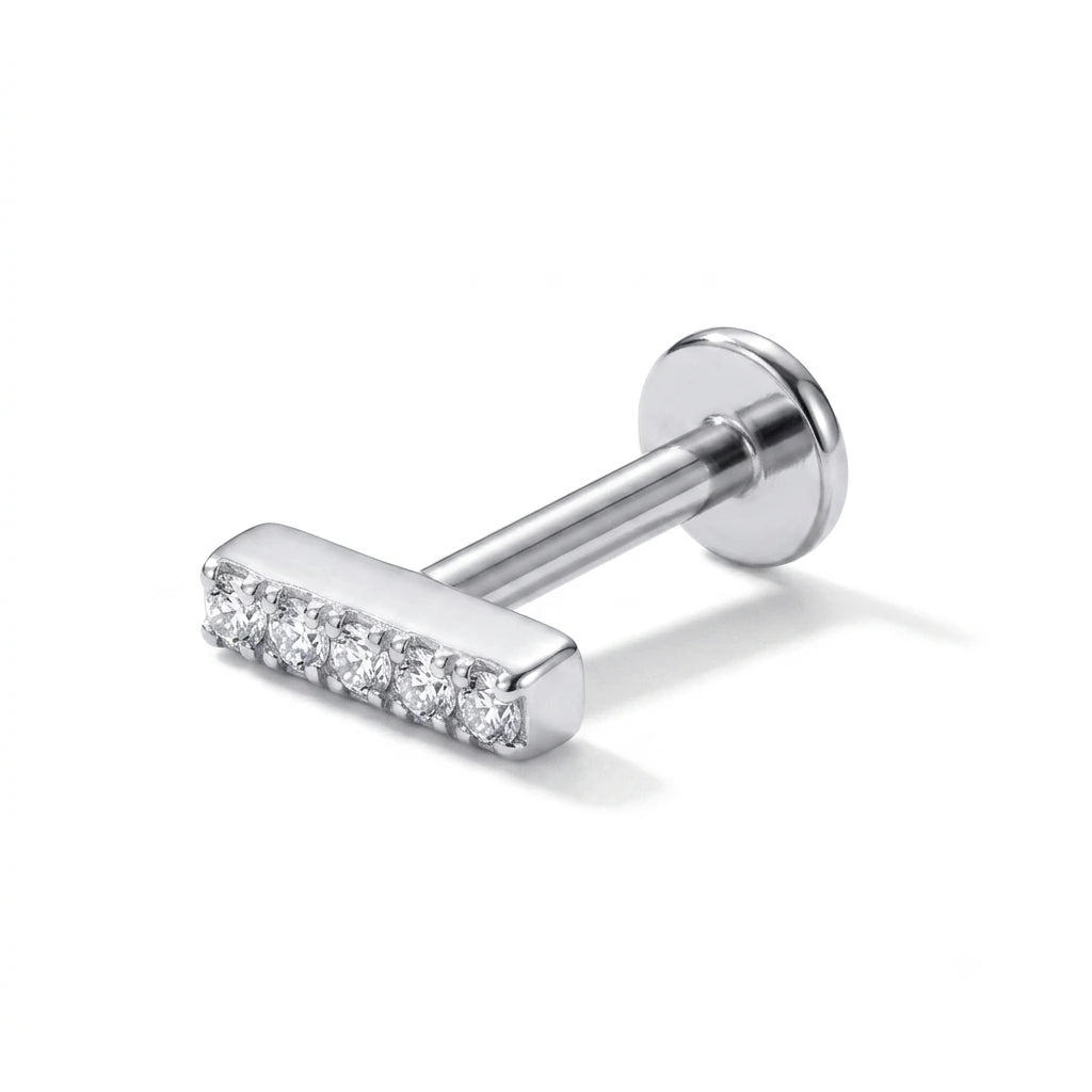 Silver CZ bar flat back labret stud tragus piercing 8mm