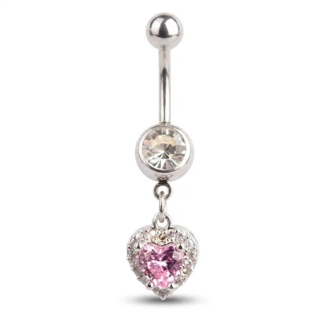 Belly button ring with heart-shaped pink gem and clear crystals on a white background