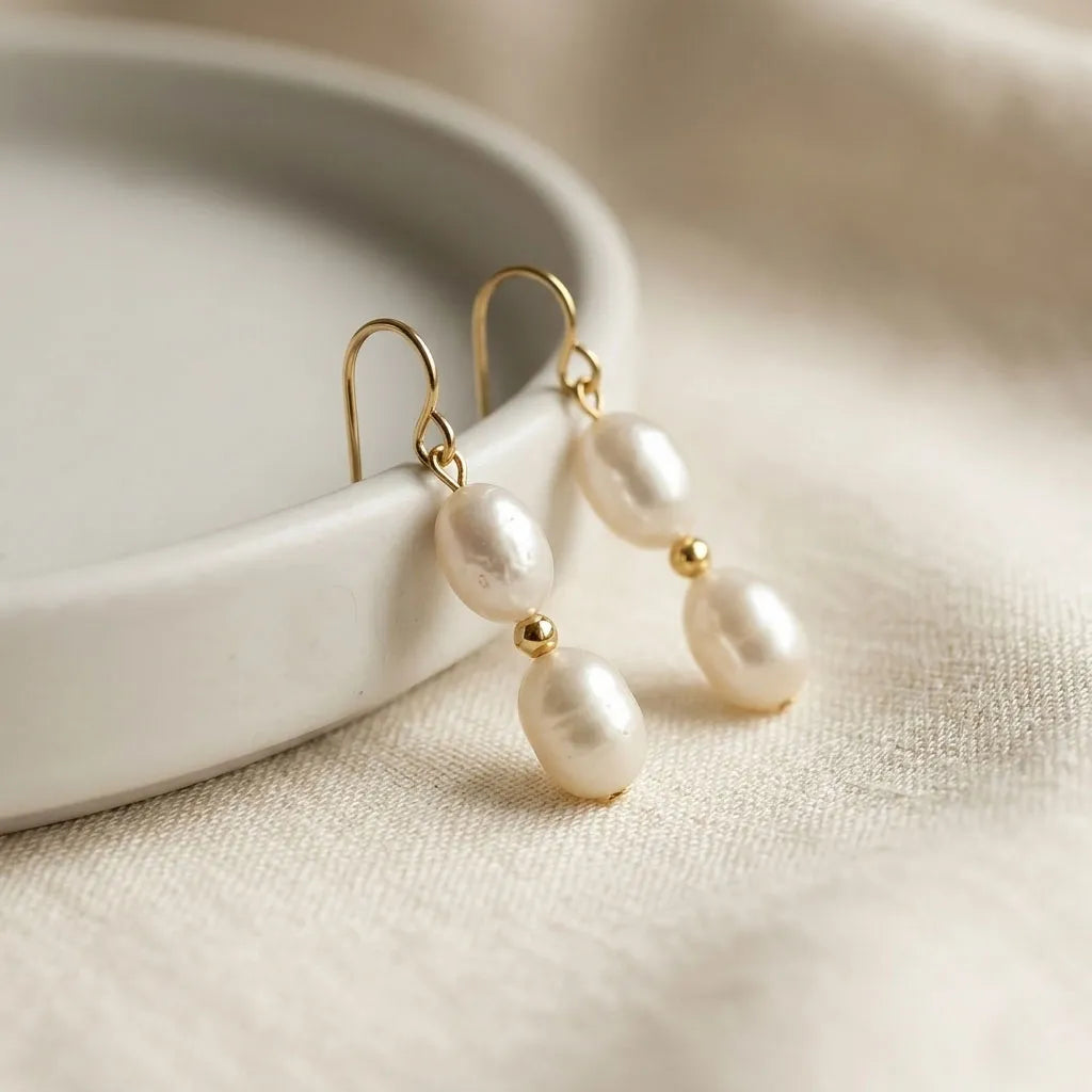 Solea Alba 14k gold filled double freshwater pearl drop earrings on white ceramic dish