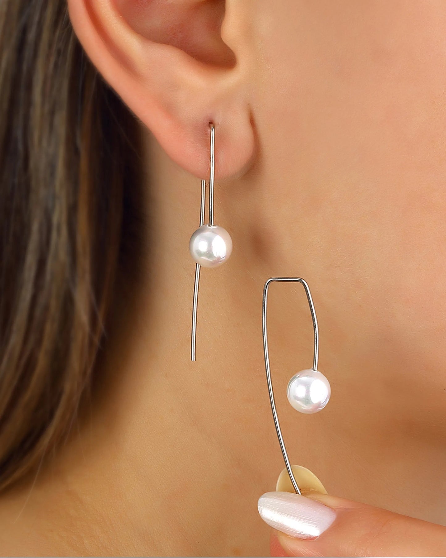 Modern Silver L Shape Drop Pearl Earrings