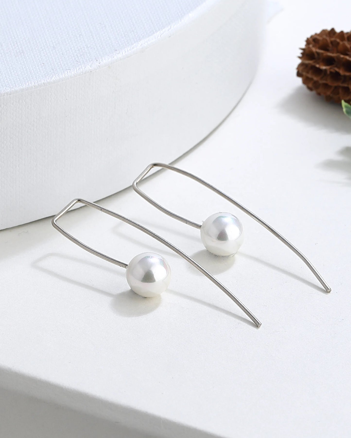 Modern Silver L Shape Drop Pearl Earrings