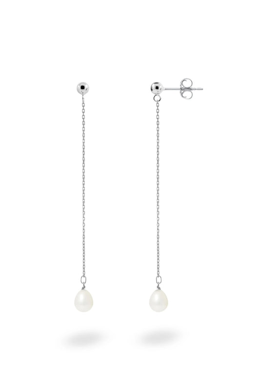 Modern Silver Chain Long Pearl Drop Earrings