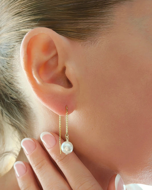 Modern Silver Chain Pearl Drop Earrings Gold Filled