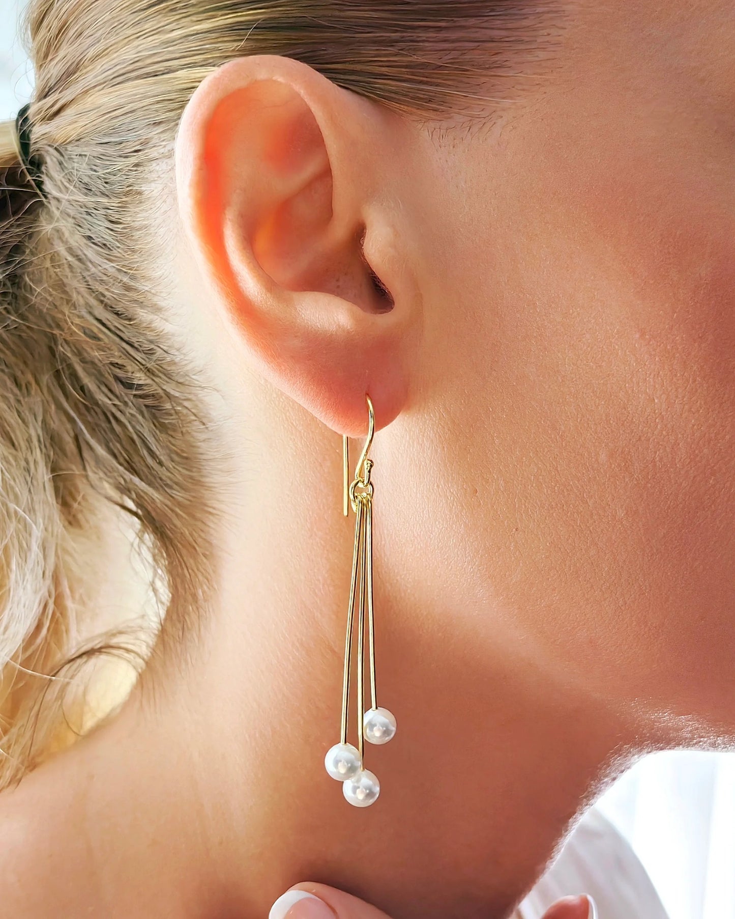 Modern Silver Oval Pearl Cluster Drop Earrings Gold Filled