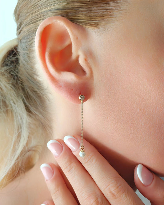 Modern Silver Pearl Drop Earrings With Diamond Details Gold Filled