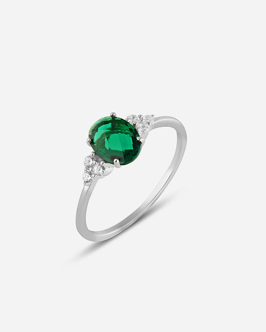 Silver Side Stone Emerald Shaped Emerald Ring