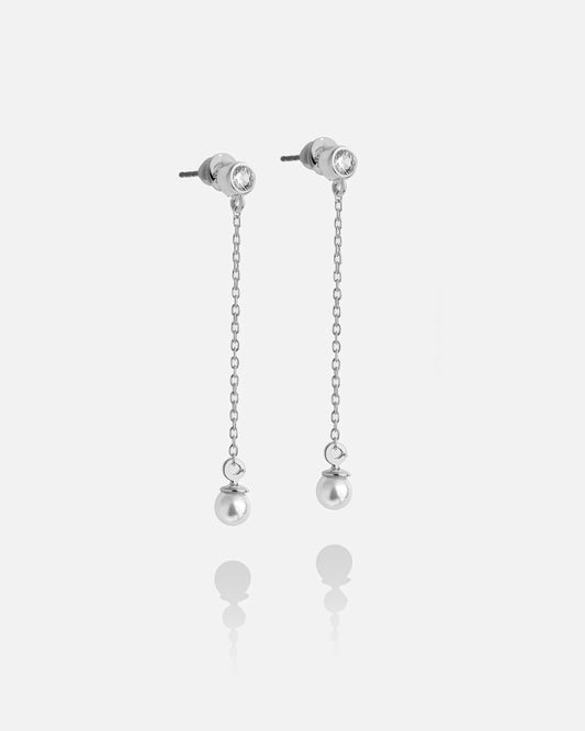 Modern Silver Pearl Drop Earrings With Diamond Details