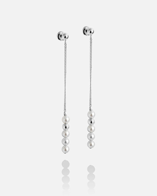 Modern Silver Extra Long Pearl Drop Earrings