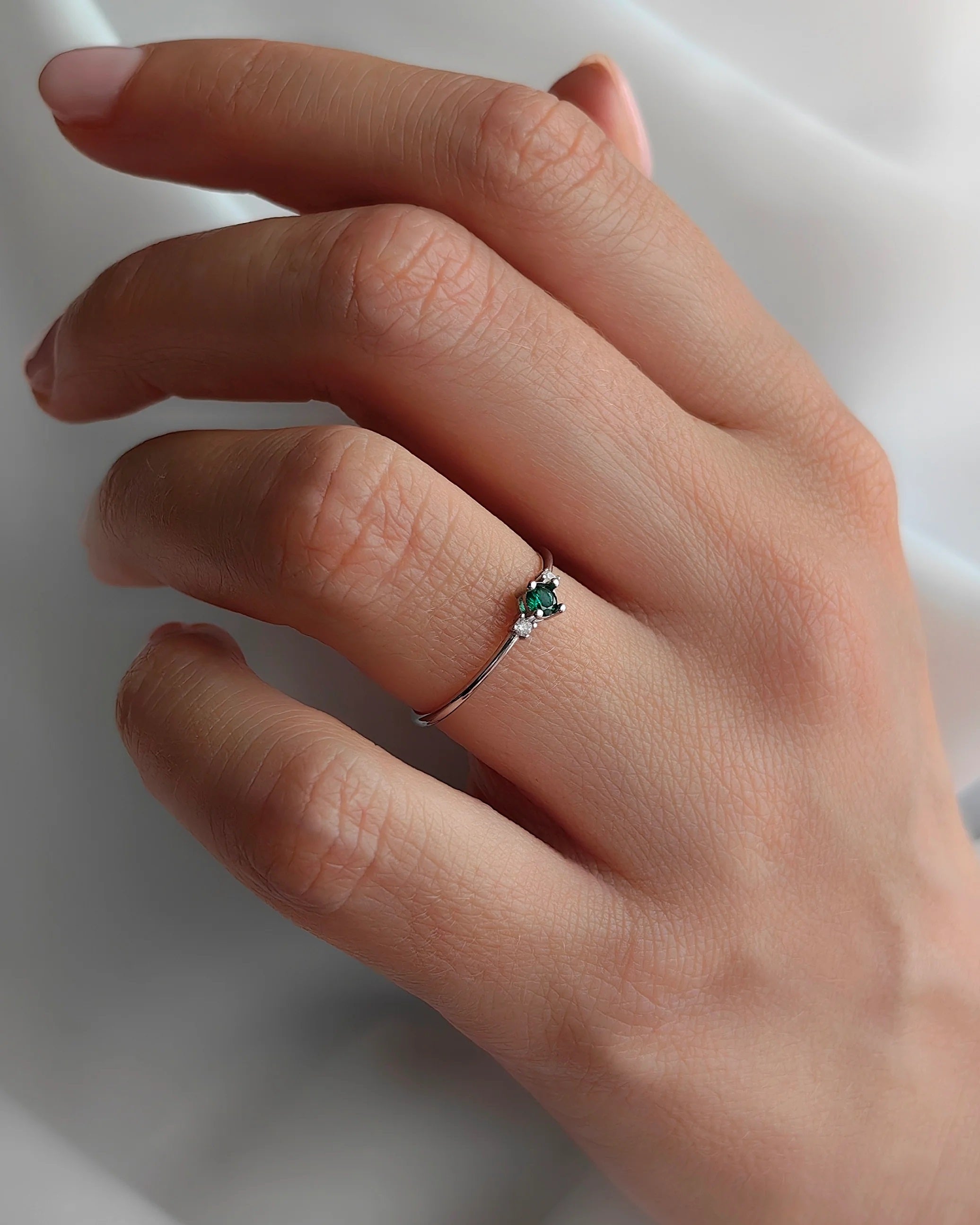 Silver Ring with Three Stone Emerald Ring